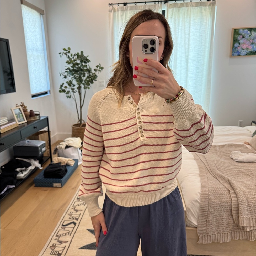 Sézane Cream Sweater with Red Stripes